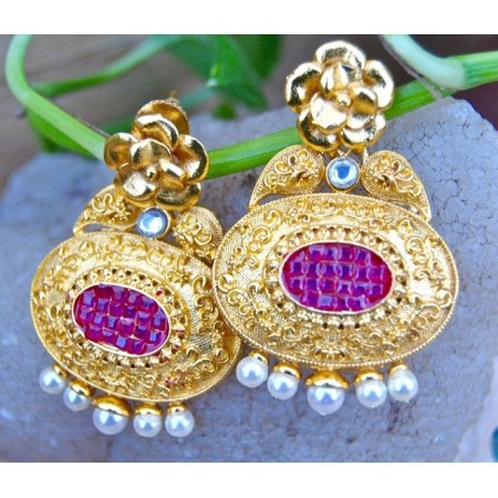 Real Look Carved Gold Ruby Dangler Earrings